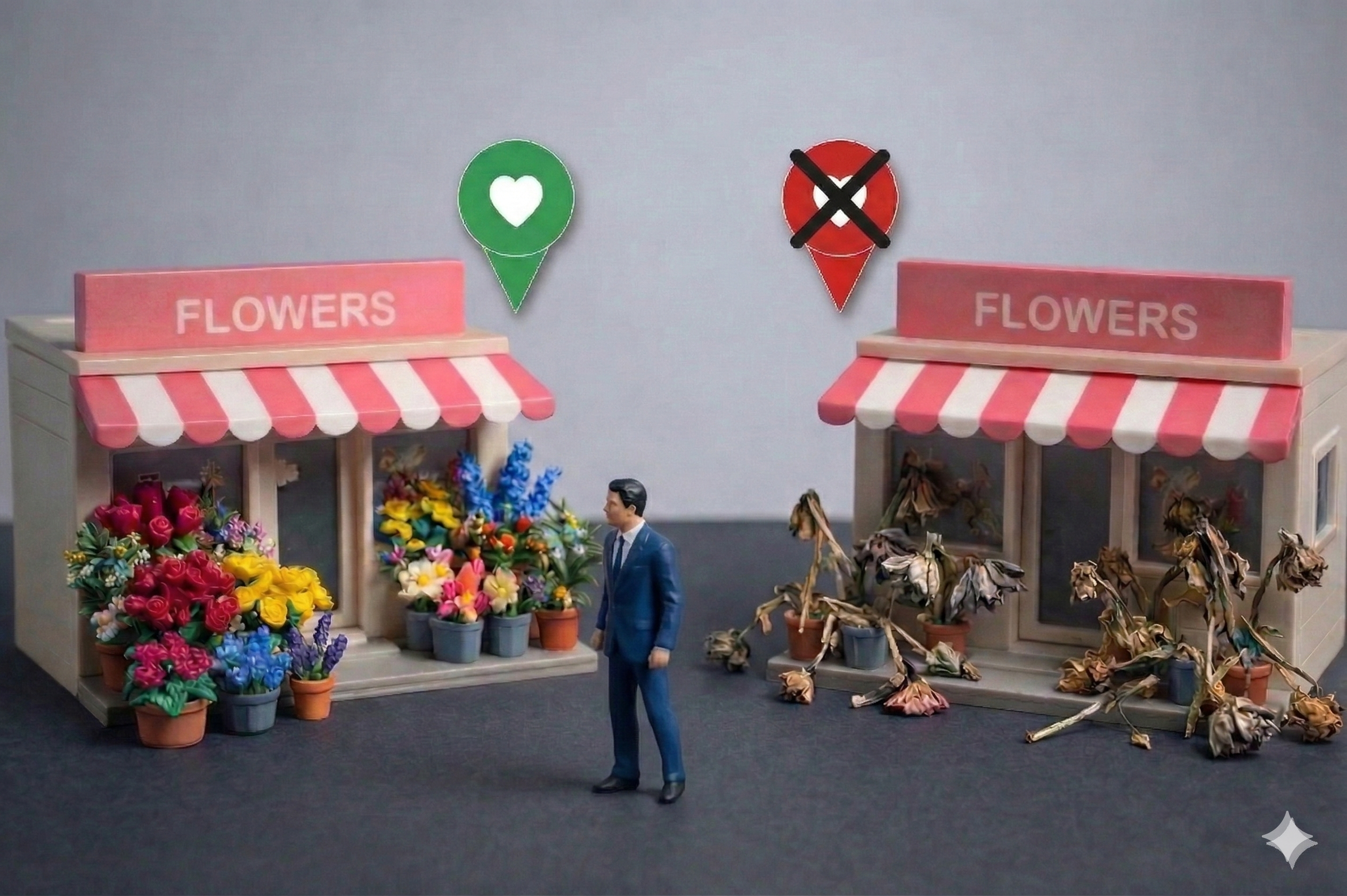 Google elige: un negocio gana (pin verde) y otro pierde (pin rojo)